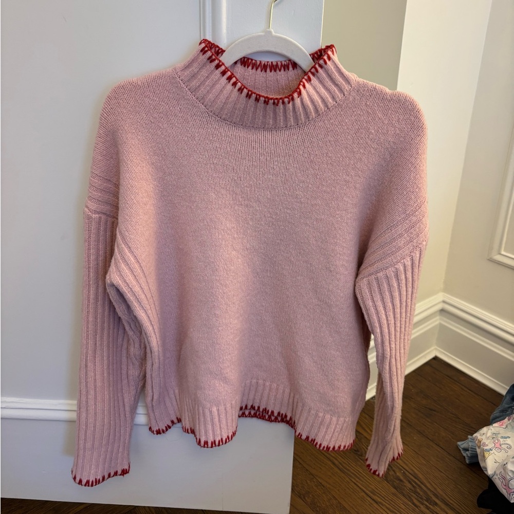 Joie Pink Knit Turtleneck Sweater with Red Trim
